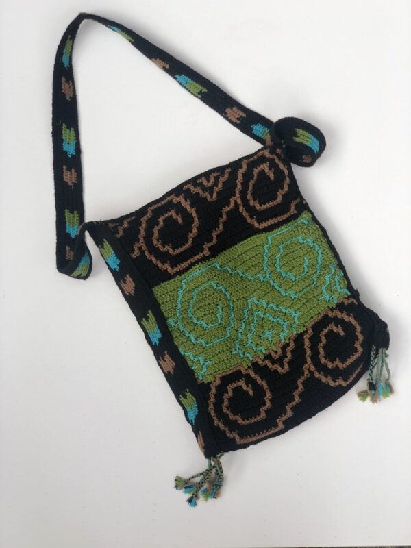 Multi coloured hand crocheted mosaic bag with tassels